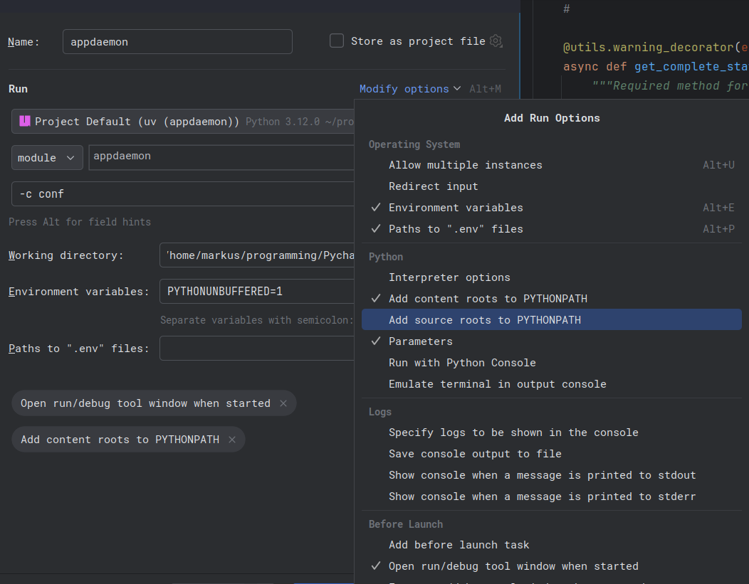 Disable "add source roots to PYTHONPATH"