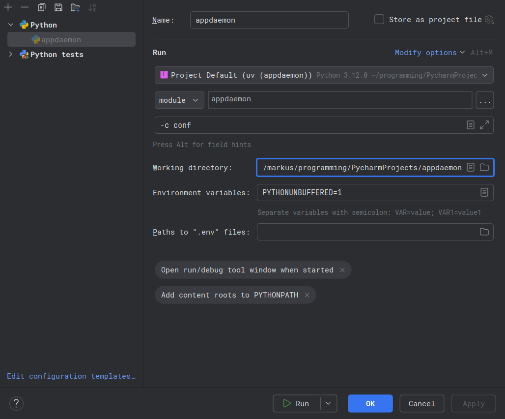 Run module option